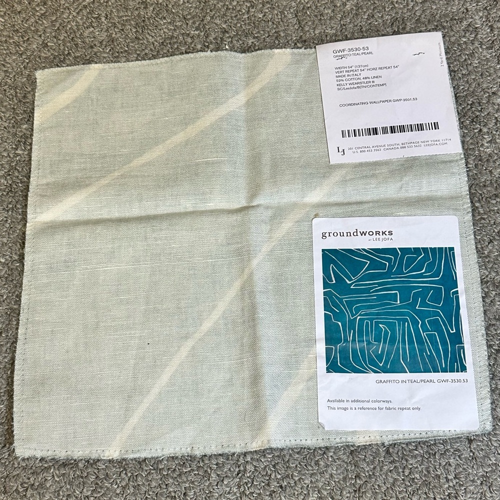 Lee Jofa Fabric Sample Remnant Graffito Teal Pearl 12” Kelly Wearstler Crafts - Picture 5 of 12
